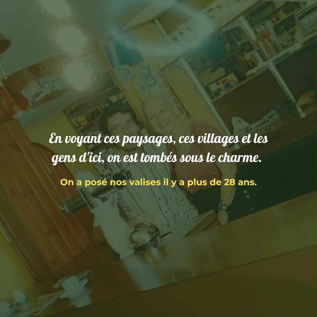 Photo d'archive au comptoir, texte : En voyant ces paysages, ces villages et les gens d'ici, on est tombés sous le charme