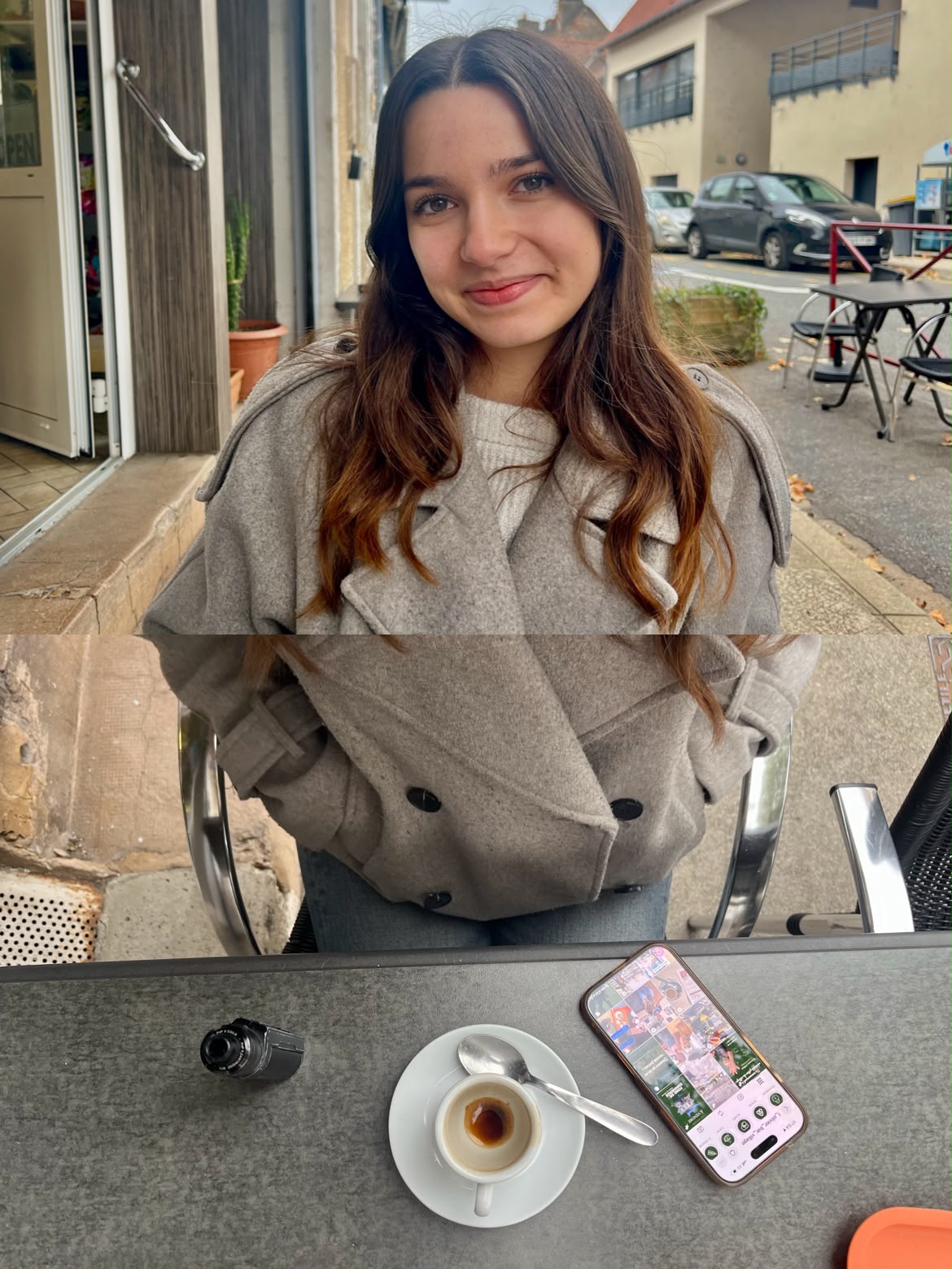 Une habituée sourit en terrasse ; en bas, son café et le compte Instagram du bar sur son téléphone