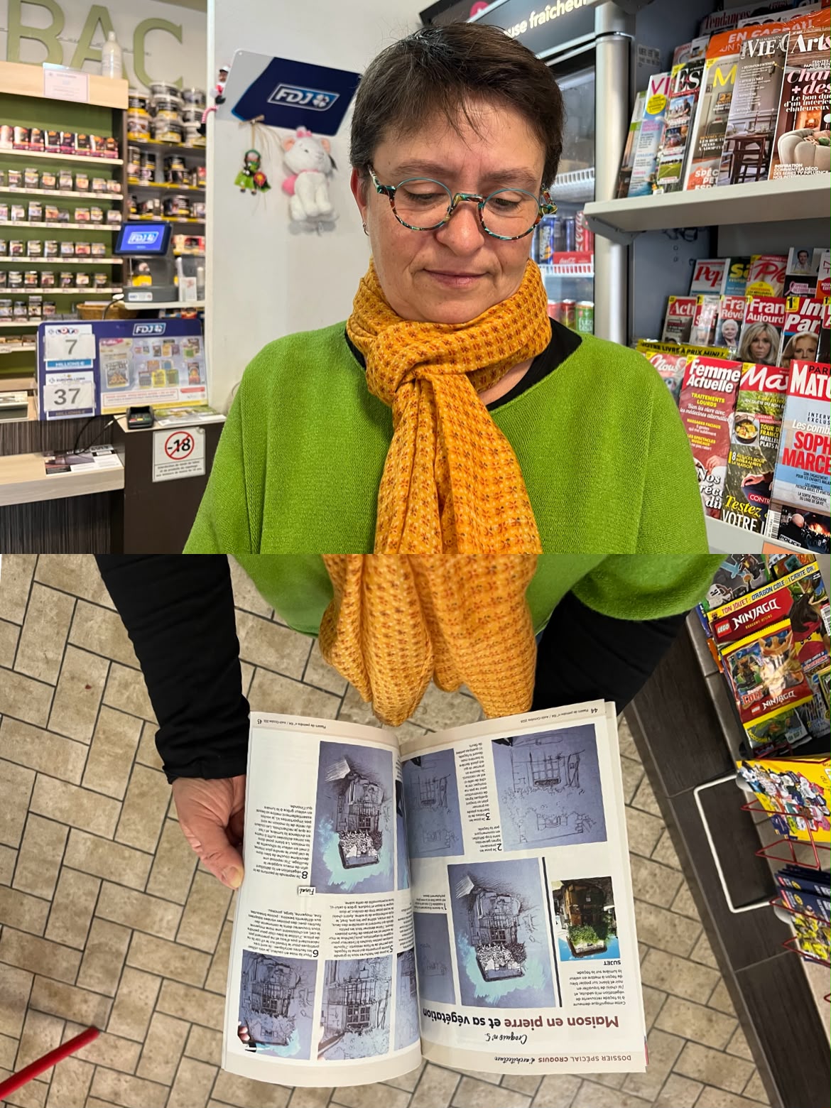 Une cliente au rayon presse, une revue de dessin ouverte entre les mains