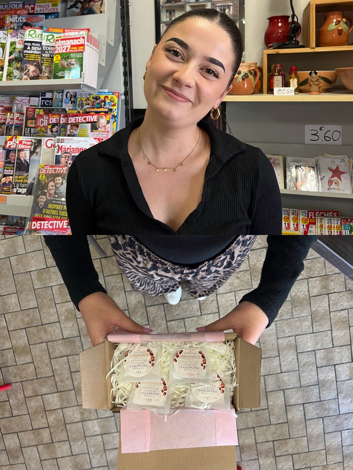 Une cliente souriante tient un coffret de produits parfumés