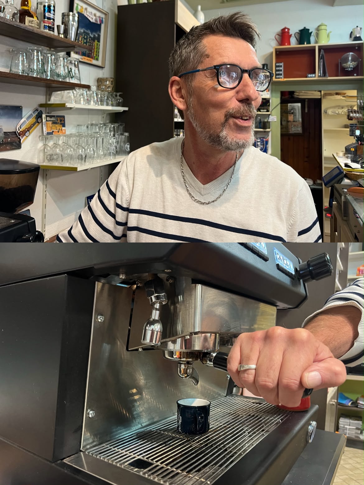 Olivier derrière le comptoir ; en bas, un expresso coule de la machine